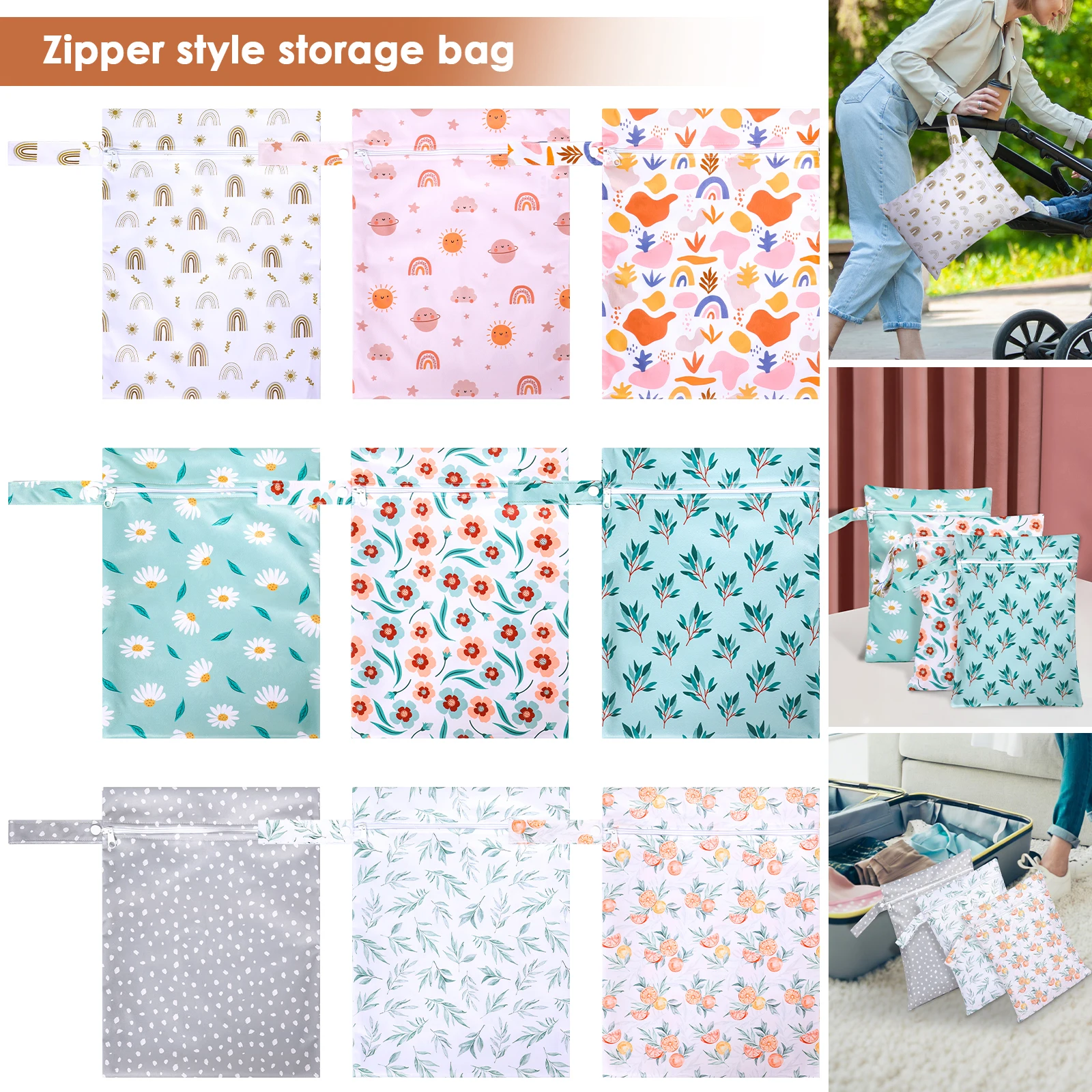 

3Pcs Wet Dry Bag Polyester Waterproof Nappy Bag with Wrist Strap Reusable Travel Laundry Bag Baby Cloth Diaper Organiser Pouches