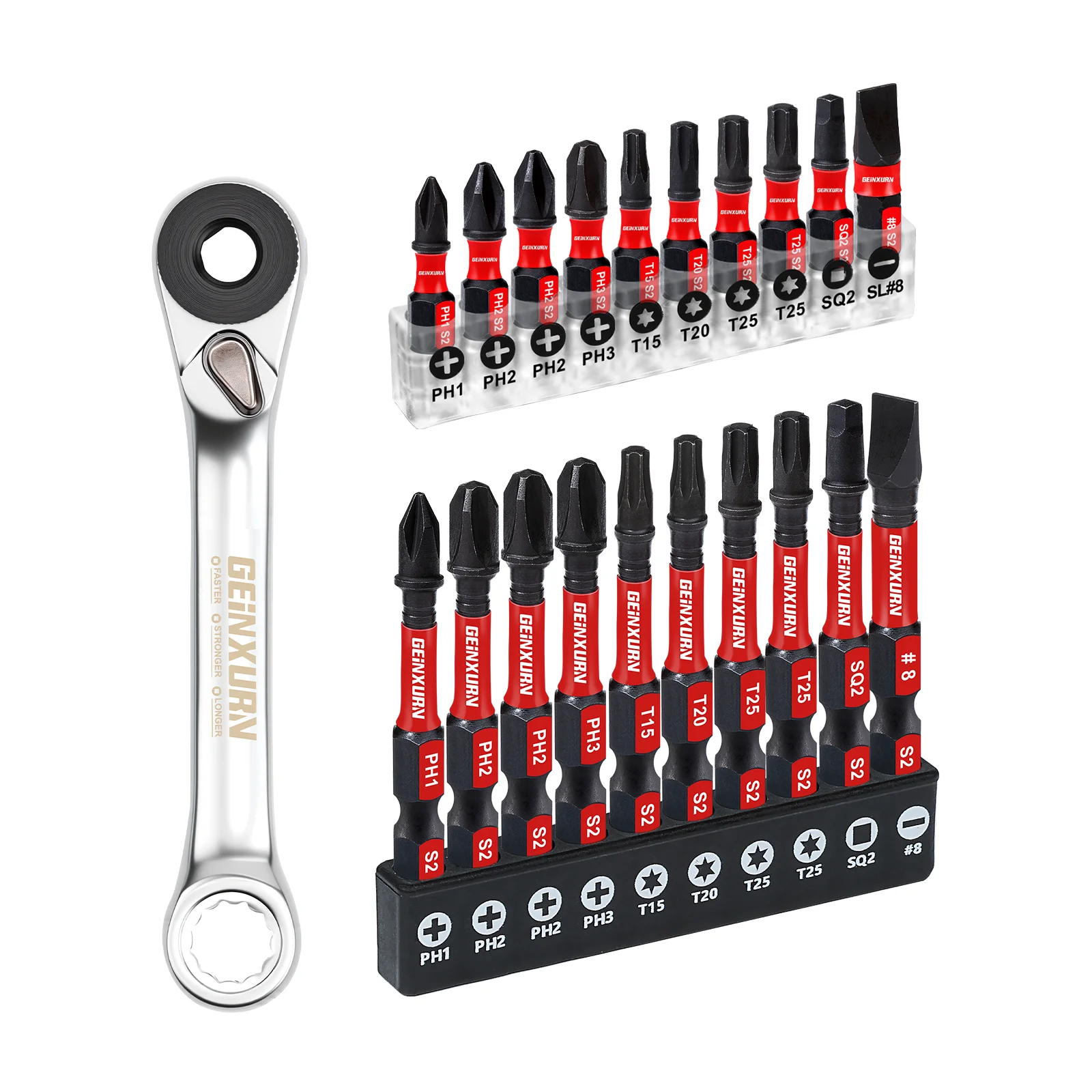 Geinxurn Mini Wrench with Impact Bits Set, Color-Coded Impact Bits Set, Double-Ended, for DIY