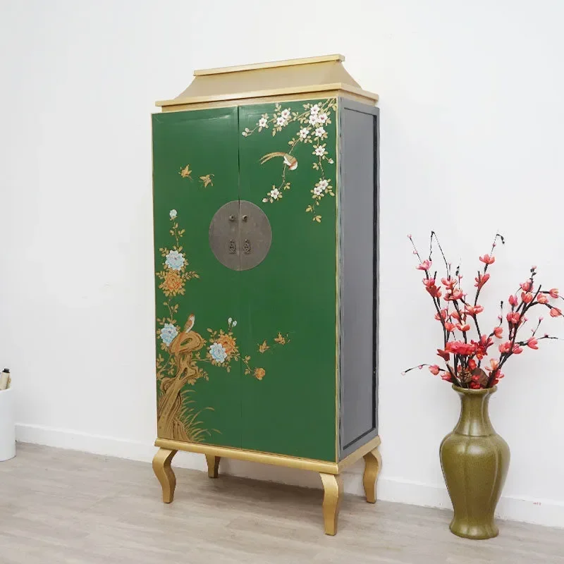 New Chinese Style Hand Painted Solid Wood Wardrobe Antique Classical Bedroom Storage Cabinet Large Capacity Locker Furniture