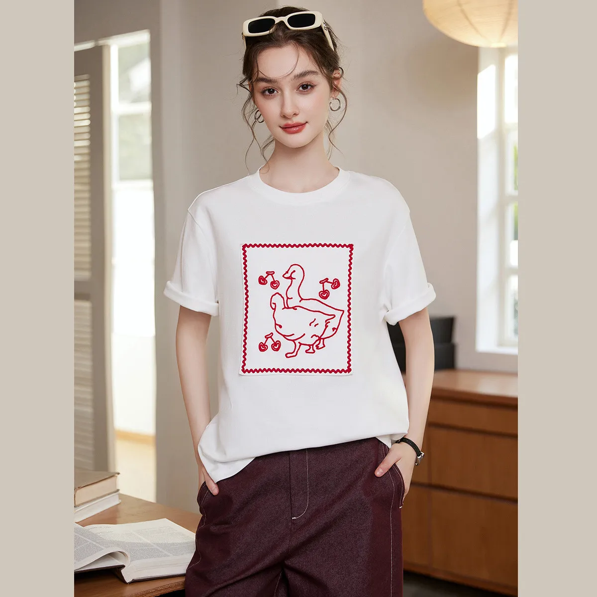 LOUISYAO 2026 Spring Summer Women T-Shirt Youthful Fashion Color Block Embroidery Loose Comfy Round Neck Drop Shoulder Top