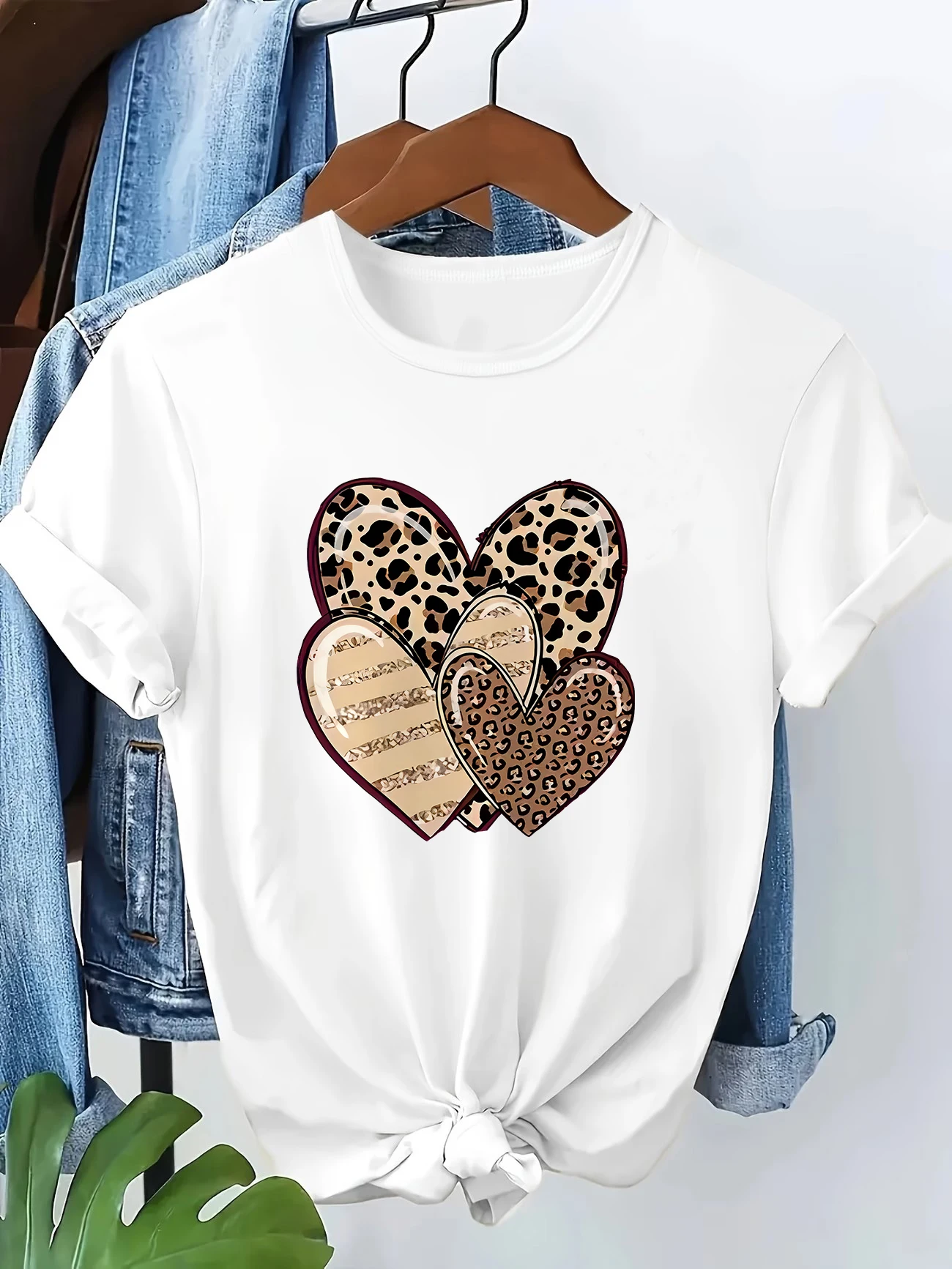 Vintage 90s Y2k Fashion T-shirt Leopard Heart Print Short Sleeve T Shirt Clothing Top Tee Summer Ladies Girls Shirt