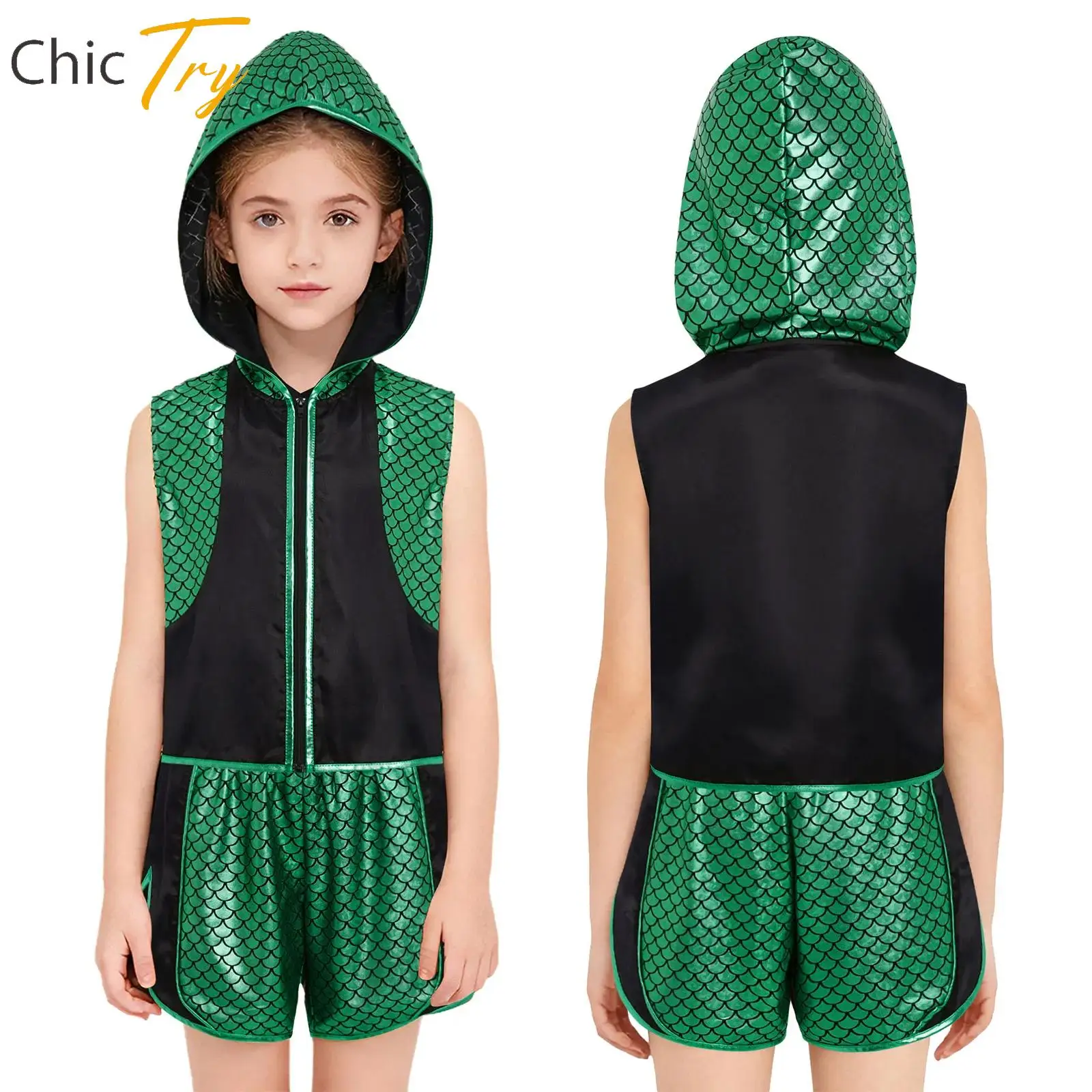 

Boys Girls Boxing Training Outfit Halloween Carnival Boxer Cosplay Costumes Fish Scale Sleeveless Zipper Hooded Vest+Shorts Sets