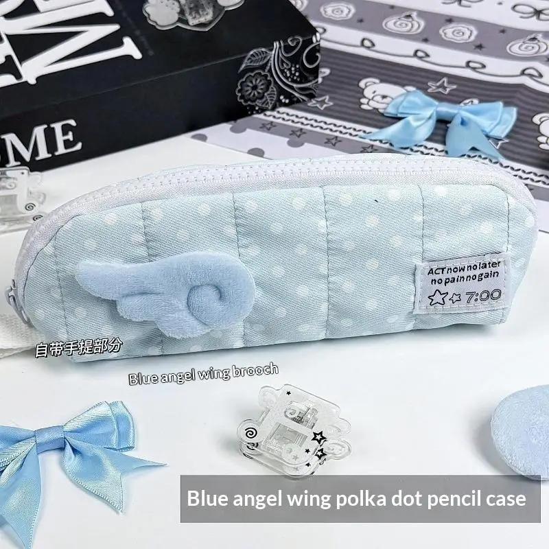 Soft Polka Dot Large Capacity Stationery Pouch Cute Fluffy Wing Decor Pencil Case for High School Students Use