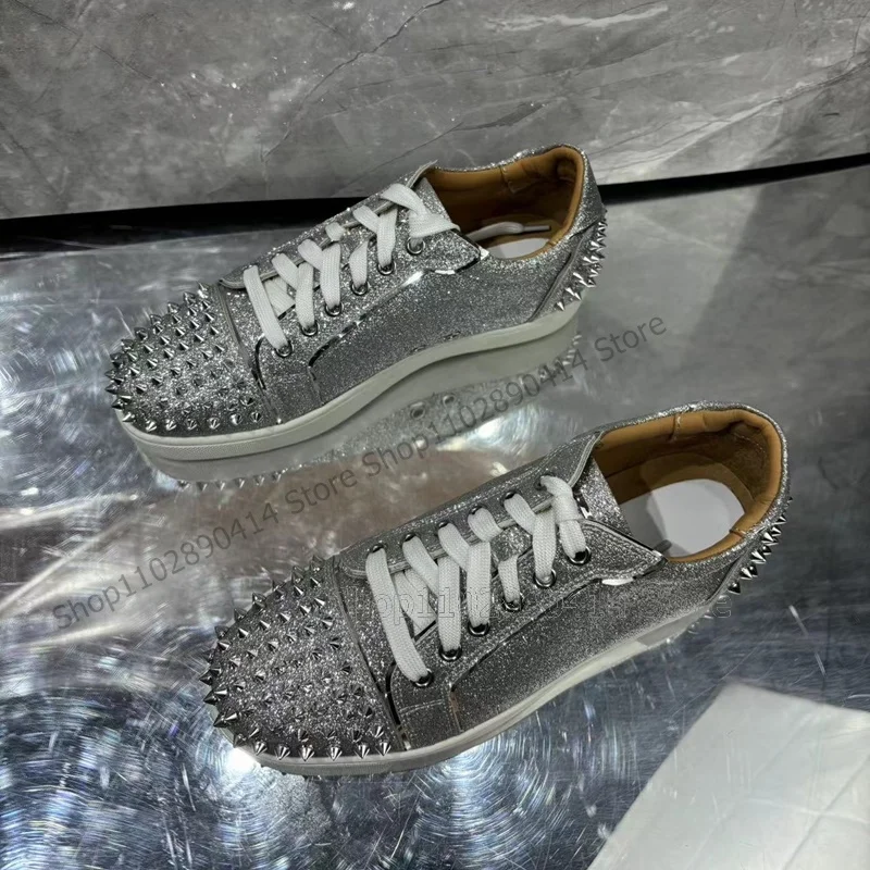 

Silver Glitter Rivets Decor White Sole Men Sneakers Fashion Lace Up Men Shoes Luxurious Handmade Party Banquet Men Casual Shoes