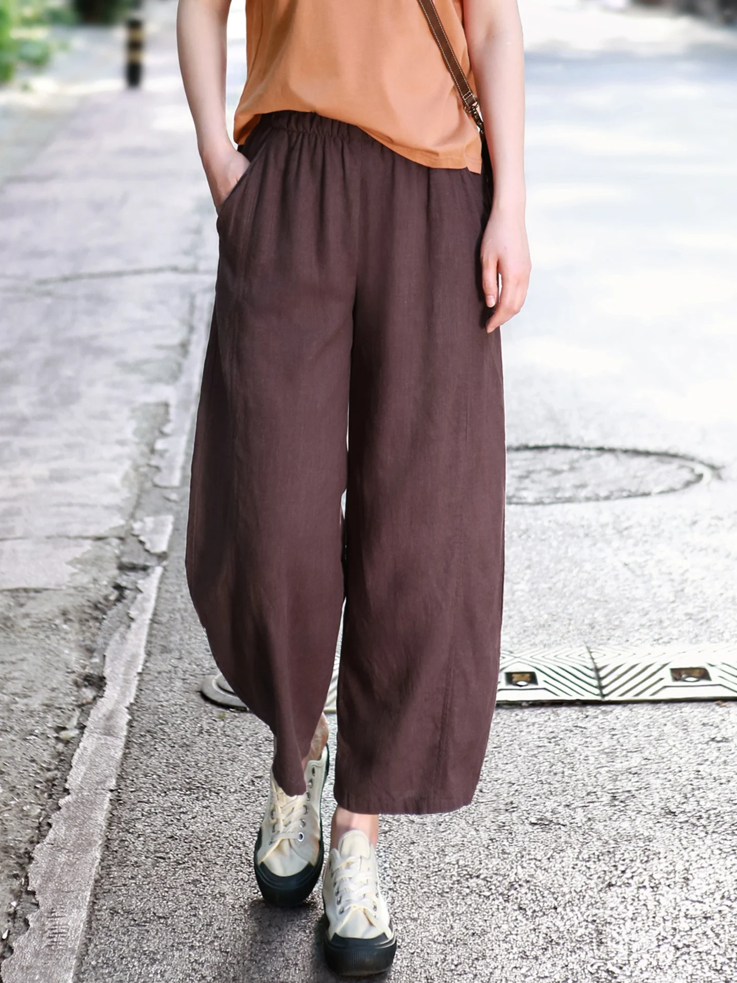 

Casual Summer Hemp Ruffle Pants Nine-Tenths Lantern Pants Leisure Vintage Patchwork Women's High Waist Elastic Loose Fit