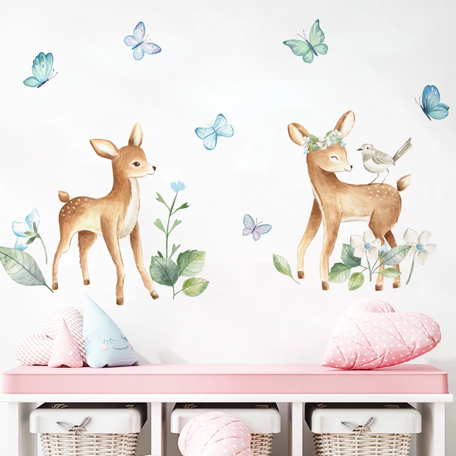 Watercolor Deer Wall Stickers Forest Animals Wall Decals for Liviing Room Bedroom Baby Nursery Room Hand Drawn Home Decor