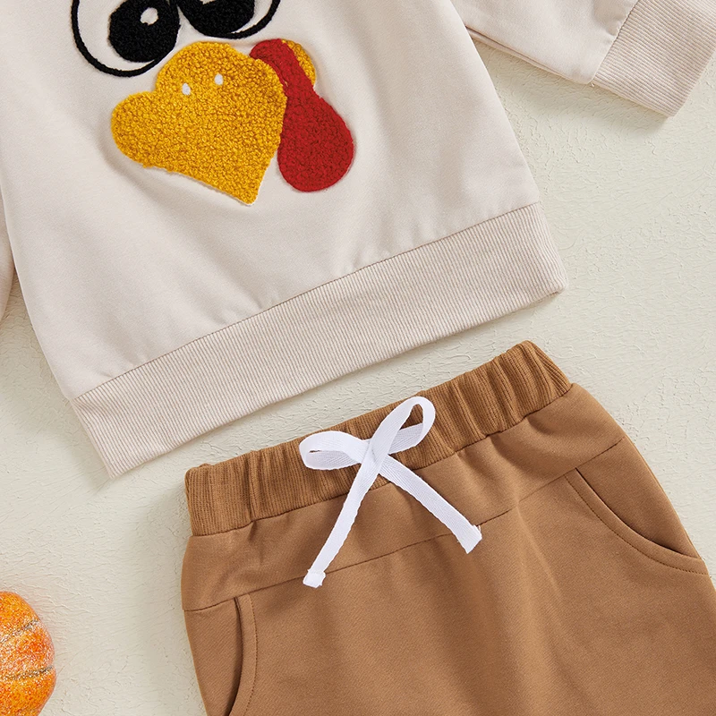 2024-06-01 Lioraitiin Baby Pants Set, Long Sleeve Crew Neck Embroidery Turkey Sweatshirt with Pants Thanksgiving Outfit