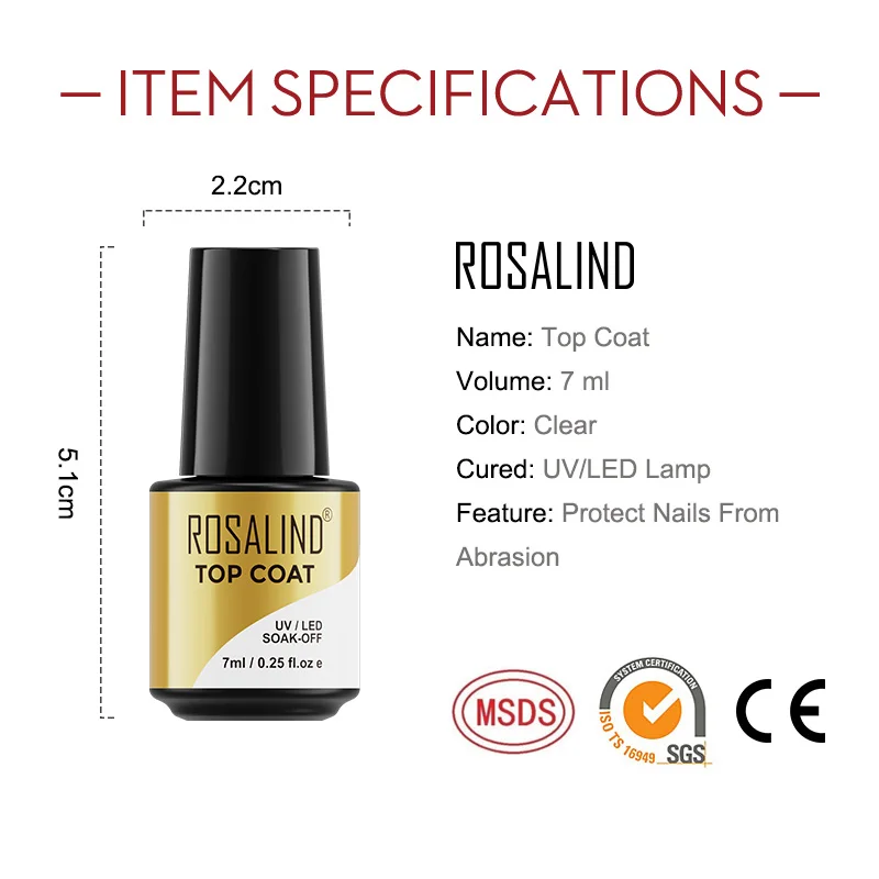 ROSALIND 7Ml Top Coat เจลเล็บเล็บ UV LED โคมไฟกึ่ง Vernis ถาวรเล็บเล็บศิลปะ Soak Off เล็บเจล