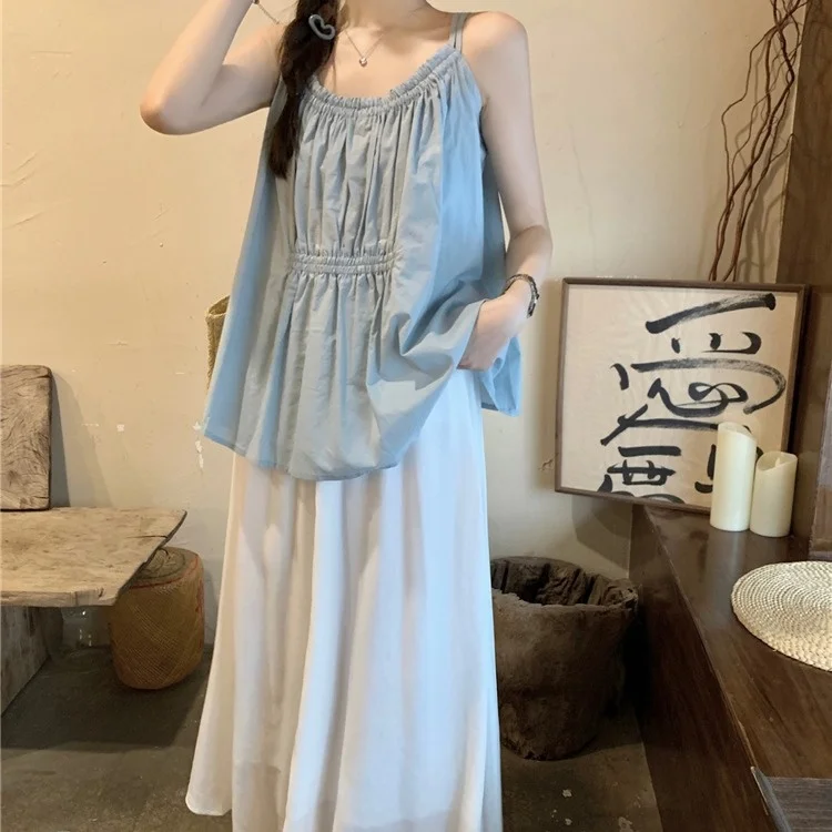 ゆったりとしたブルーの紳士風デザインのツーピースセット、万能な白いスカート付き、女性の夏のファション衣装、f丈スカート