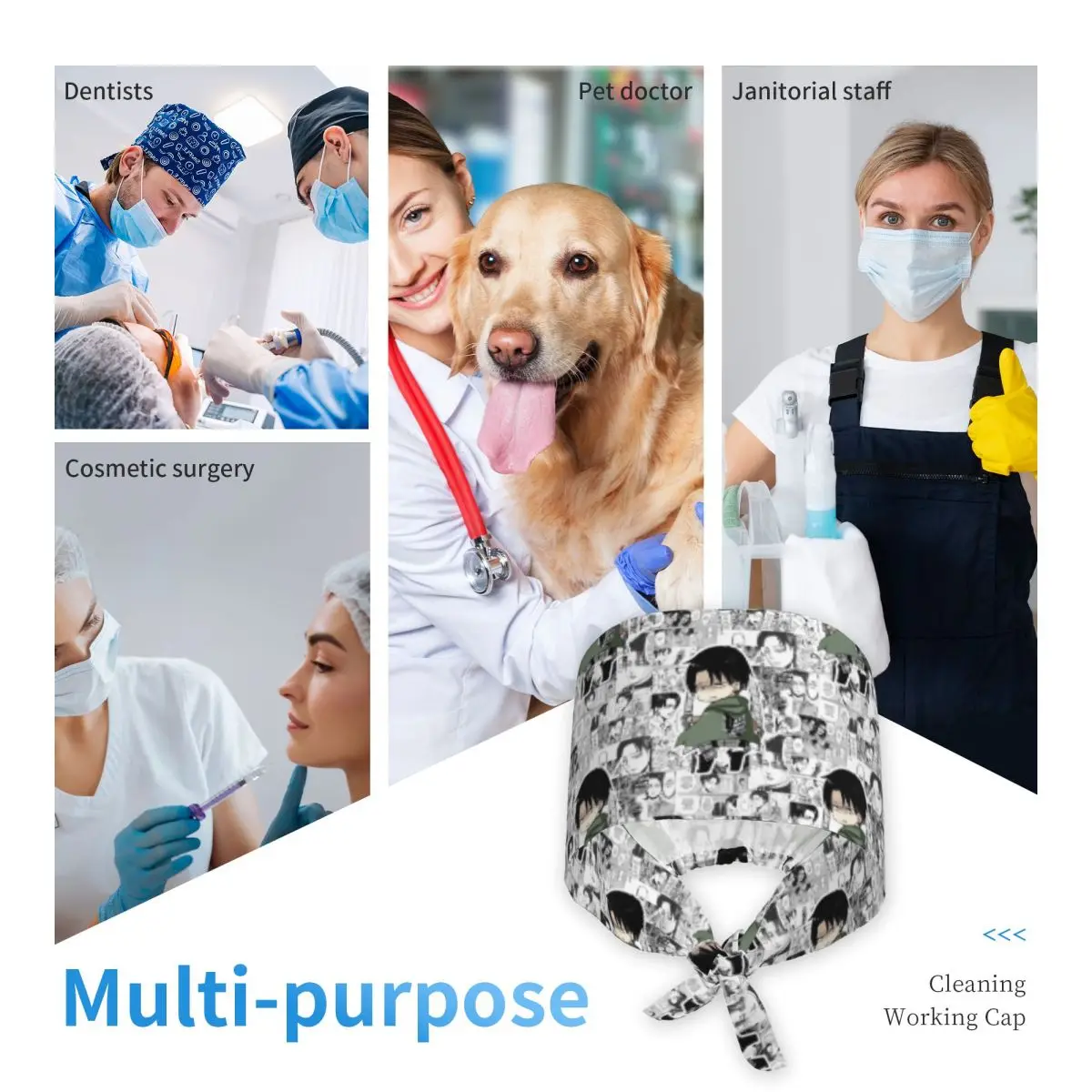 ليفي أكرمان هجوم على تيتان فرك قبعة الطبيب العمل قبعة جراحية الرجال النساء قبعات التمريض قابل للتعديل لطبيب الأسنان #6