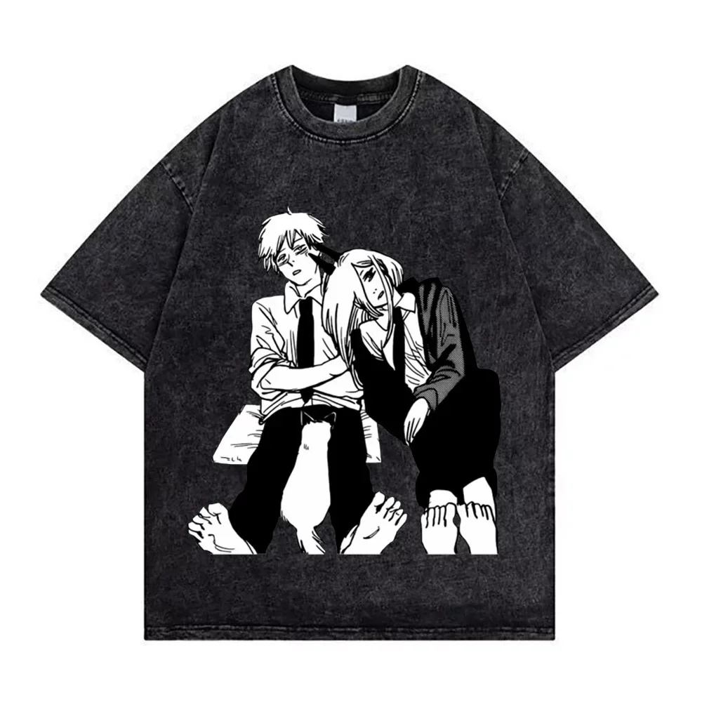 

Chainsaw Man Aki Hayakawa Power Acid Washed T Shirt For Men Women Oversized Interactive Anime Print High Quality Cotton Cool