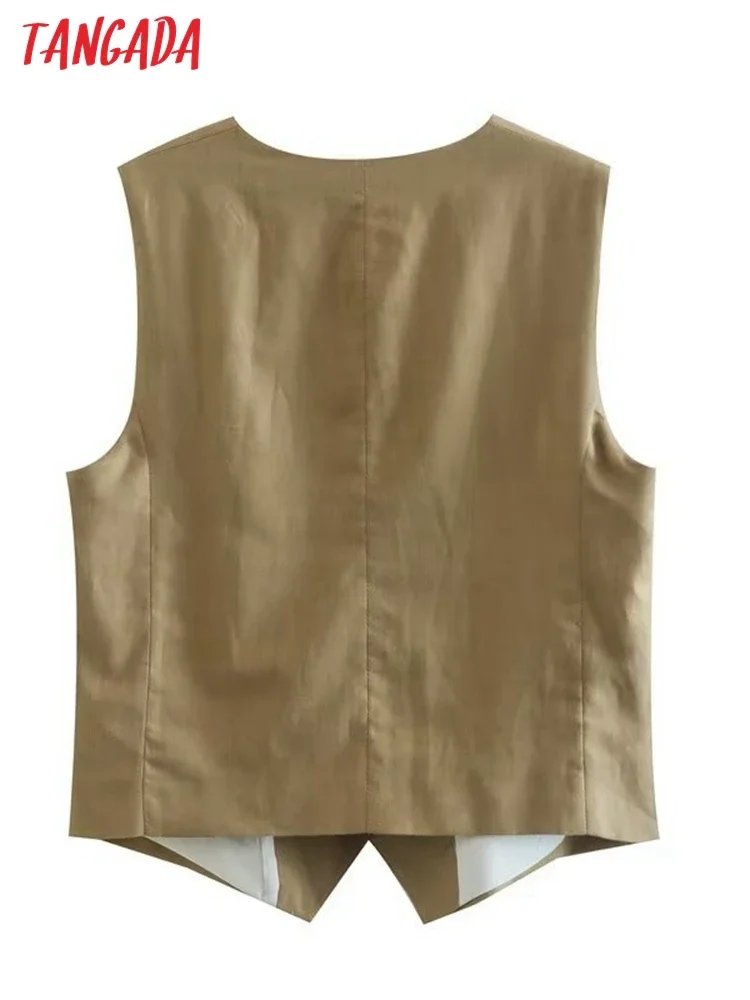 Tangada 2023 Women Linen Cropped Vest Coat Ladies Waistcoat Sleeveless Elegant Top 6P120