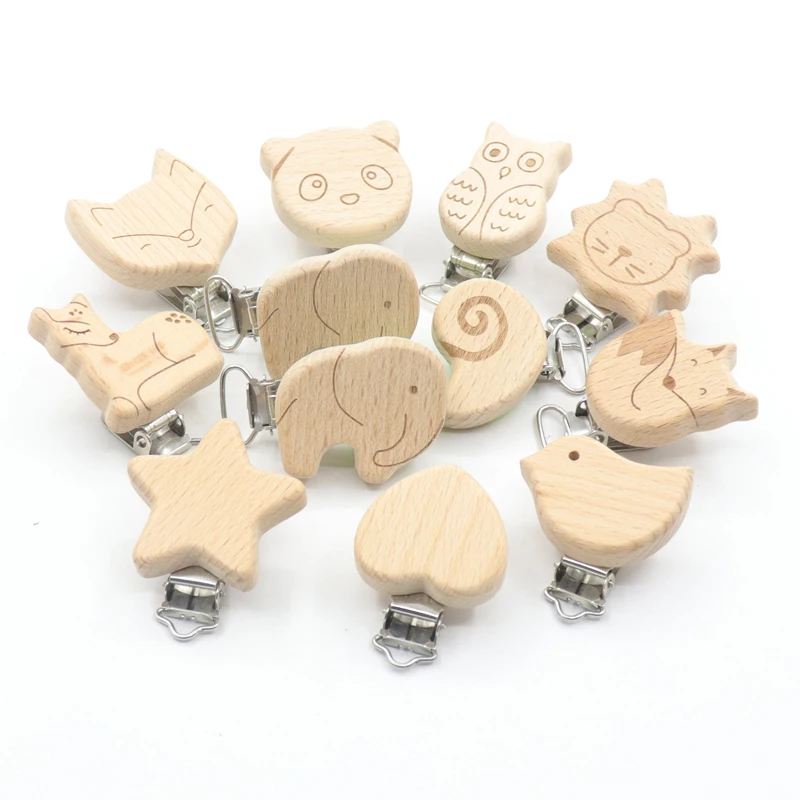 

10 Piece Beech Pacifier Clip Animal Elephant Fox Wolf Deer Owl Snail Baby DIY Essential Pacifier Chain Accessories