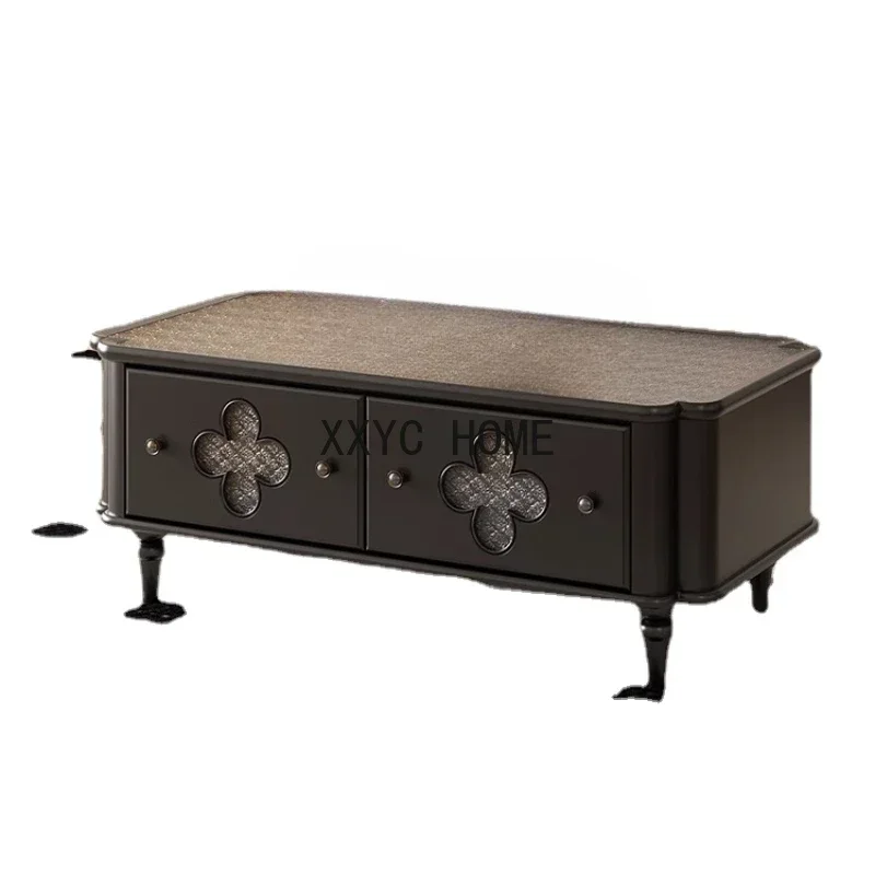 Classic Black Solid Wood Four-Leaf Clover Tea Table Log Square Living Room TV Cabinet Unit