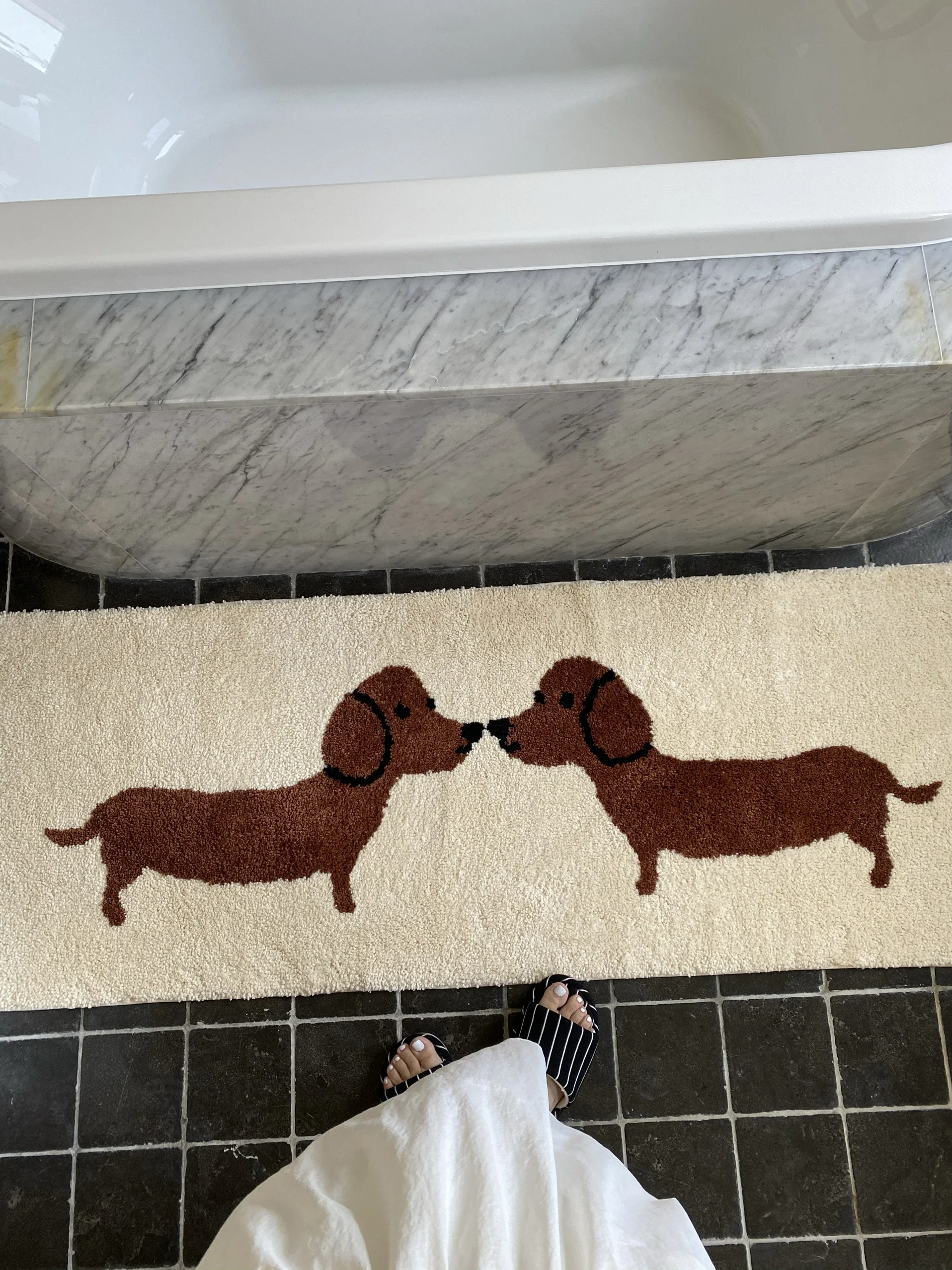 Cute Pet Dachshund Dog Bathing Mat White Base with Two Dogs Looking At Each Other Pattern - Washable Home Decoration