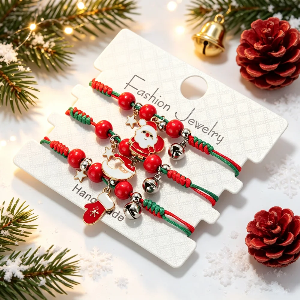 Handmade 3Pcs Christmas Bracelet Set Unisex Cute Bell Deer Tree Gloves Santa Claus Braslet Perfect For Yourself Or As A Gift
