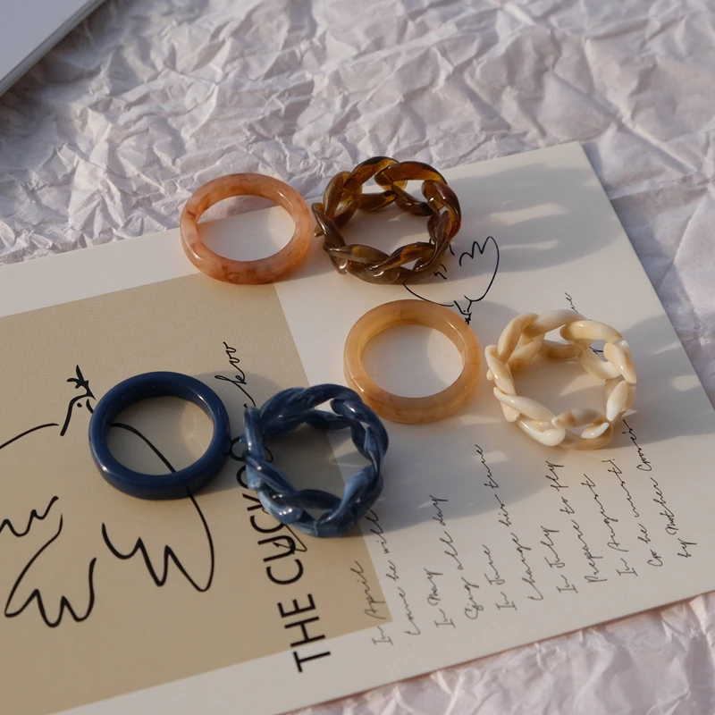 

2pieces/set Y2k Ins Styles Acrylic Resin Rings Creative Bohemian Jewelry Simple Retro Brown Blue Chain Rings Accessories