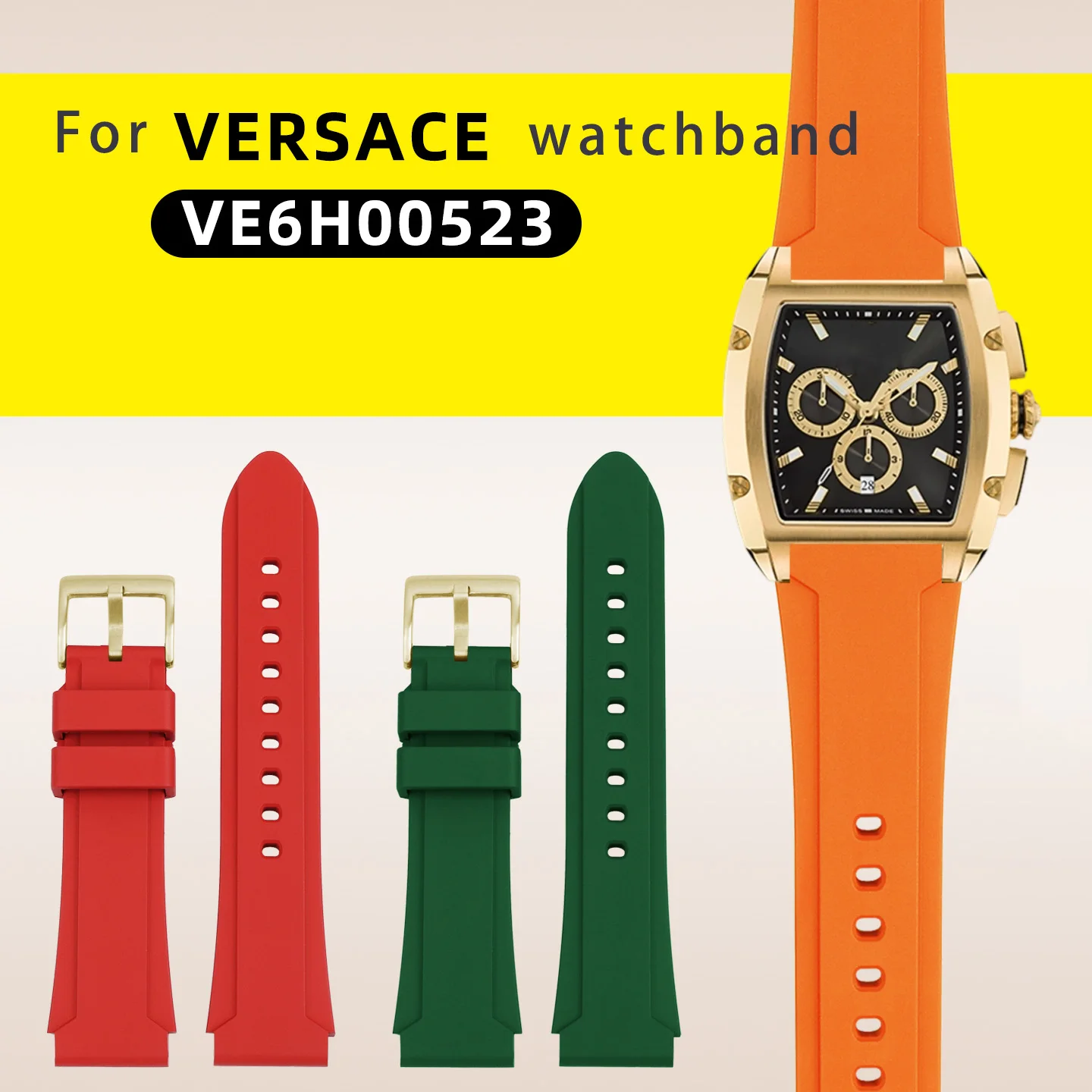 Bracelet de montre en silicone à bouche convexe pour Versace Maillard style VE6H00523, bracelet de montre de remplacement en silicone pour hommes, sport étanche