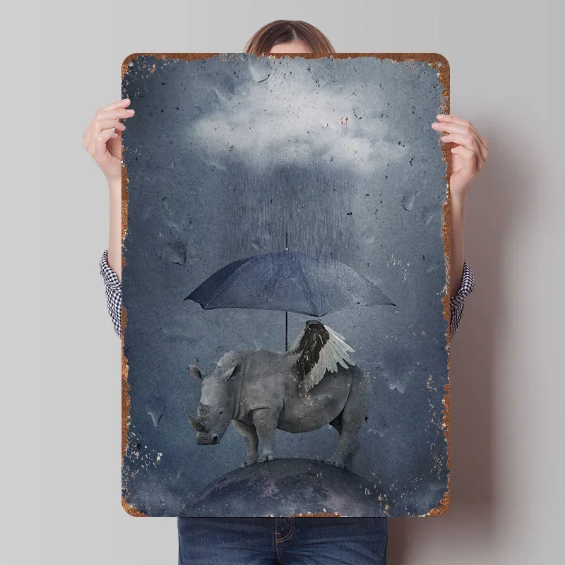 Rainy Rhino Poster Customized Wall Art Vintage Metal Signs Retro Tin Plaque for Man Cave Mancave Decoration Room Coffee Bar Home