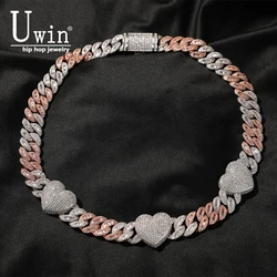 UWIN 16MM Miami Cuban Necklace Bracelet With 3 Big Hearts Iced Out Baguette Cubic Zirconia Fashion Hiphop Jewelry