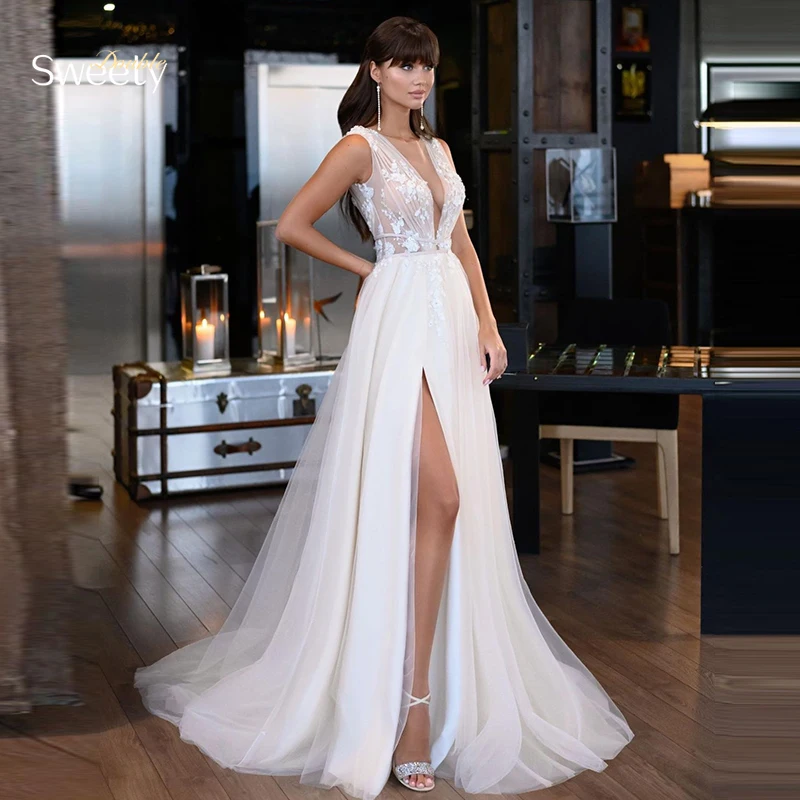 

Sexy Wedding Dress Slit A Line Floor Length Organza With Embroidery Lace Beach Bride O-Neck Sleeveless Button Robe De Mariee