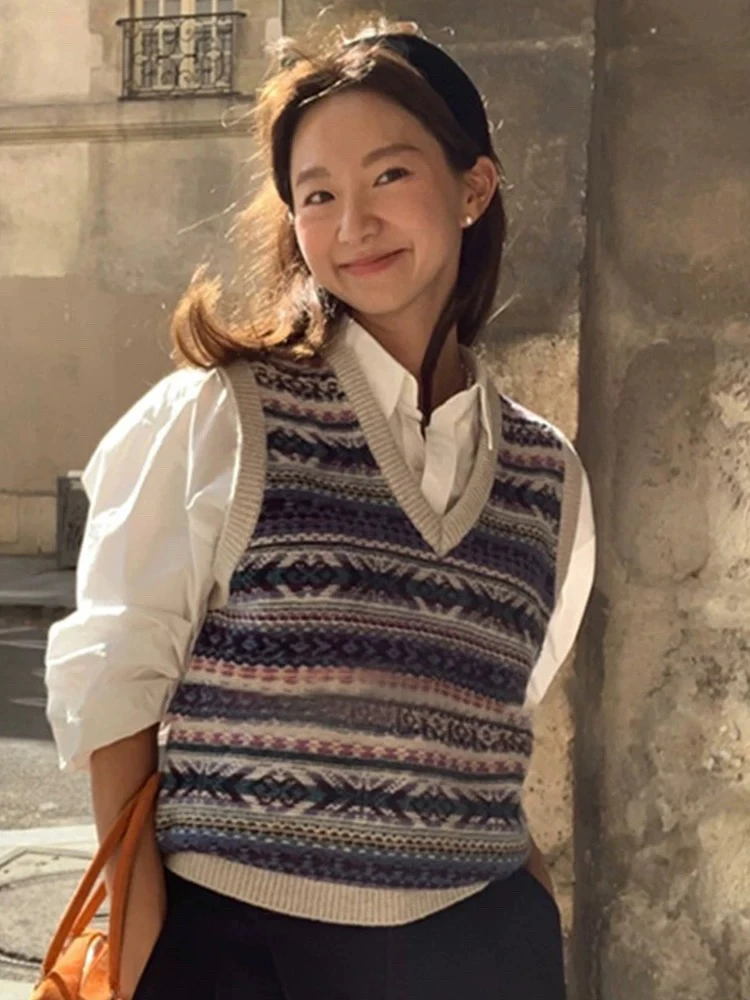 

Корейский вязаный шерстяной жилет Miss Candy, женский многослойный топ с двусторонним узором, v-образный вырез или Svel, прямой крой для поездок на работу