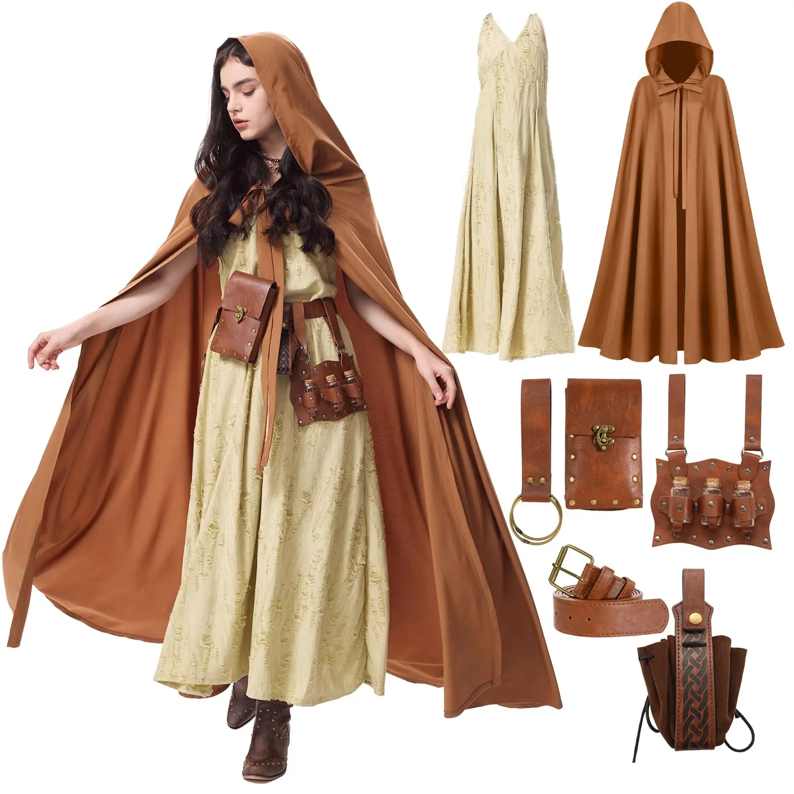 

Renaissance Costume Women with Medieval Cloak Dress Potion Belt Apocalypse Wasteland Dune Ren Faire Fantasy Halloween Outfit