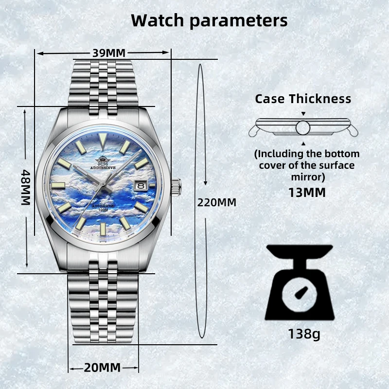 ADDIESDIVE Men's Watch 39mm 3D Cloud Sea Dial BGW9 Luminous NH35 Automatic Mechanical Watches 100M Waterproof Dress Watch AD2041