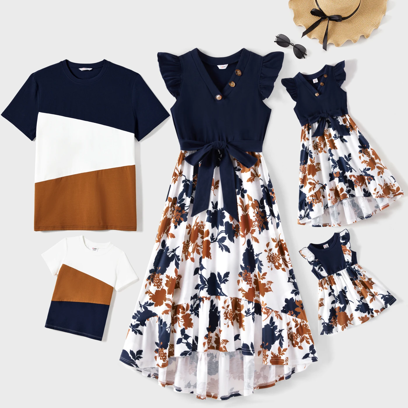 

PatPat Family Matching Casual Floral Print Dress Or Color Block Short Sleeve Daily Outfit Set
