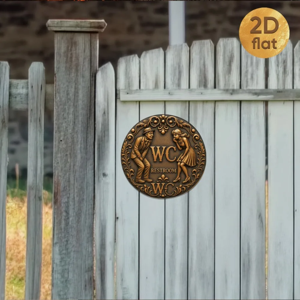 Vintage "WC Restroom" Round Iron Sign Elegant Couple Art, Bathroom Bar Decor, Easy Hang - view 5