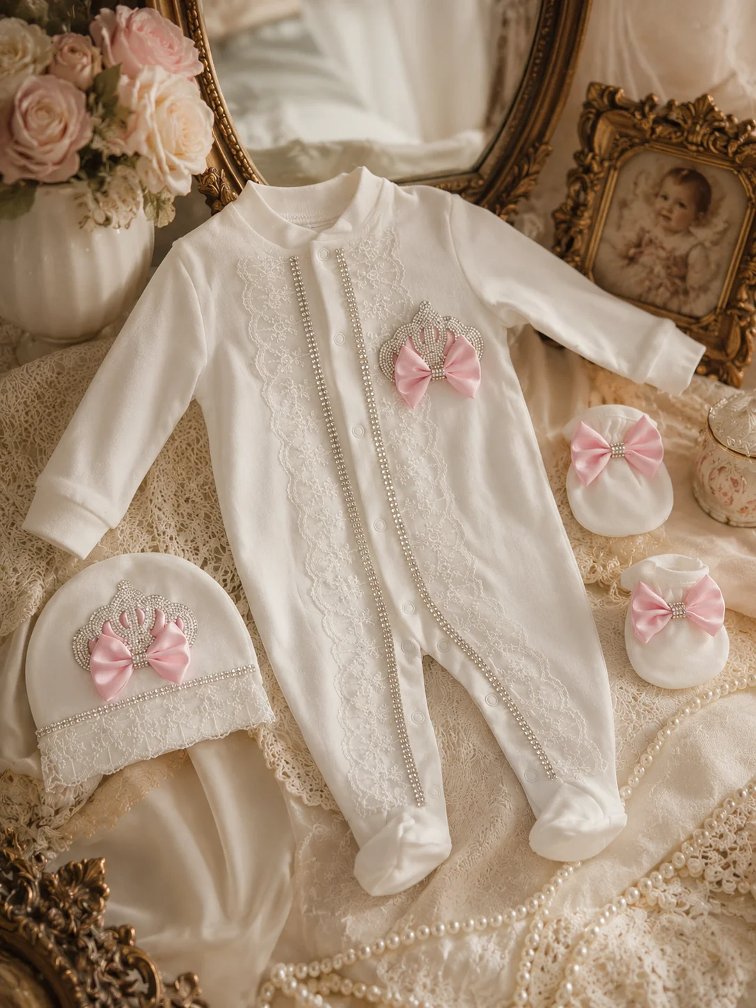 

Pink Bow Rhinestone Crown Infant Footed Jumpsuit 3 Pieces Set Breathable Lace Baby Girls Baptism Birthday Outfit