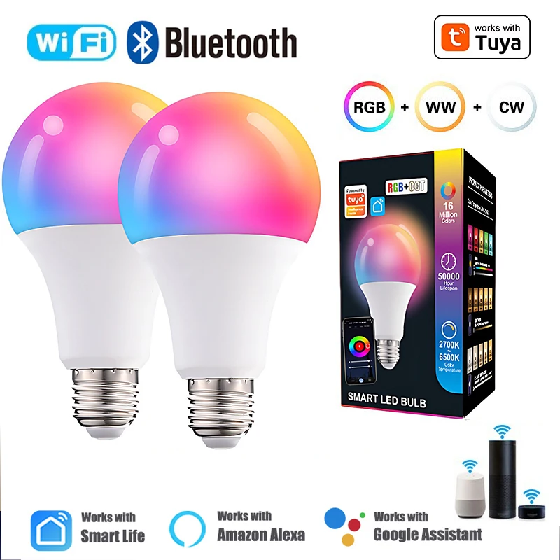

Tuya WIFI/Bluetooth Smart LED Light Bulb E27 RGB 110V 220V Smart Lamps for Livingroom Decoration Party Lighting Smart Life