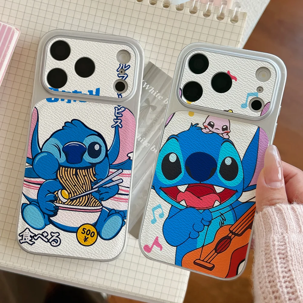 

Disney Lilo Stitch Couples Phone Case For IPhone 17 16 15 14 Electroplated Leather Shockproof Phone Accessories 13 12 11 Casing