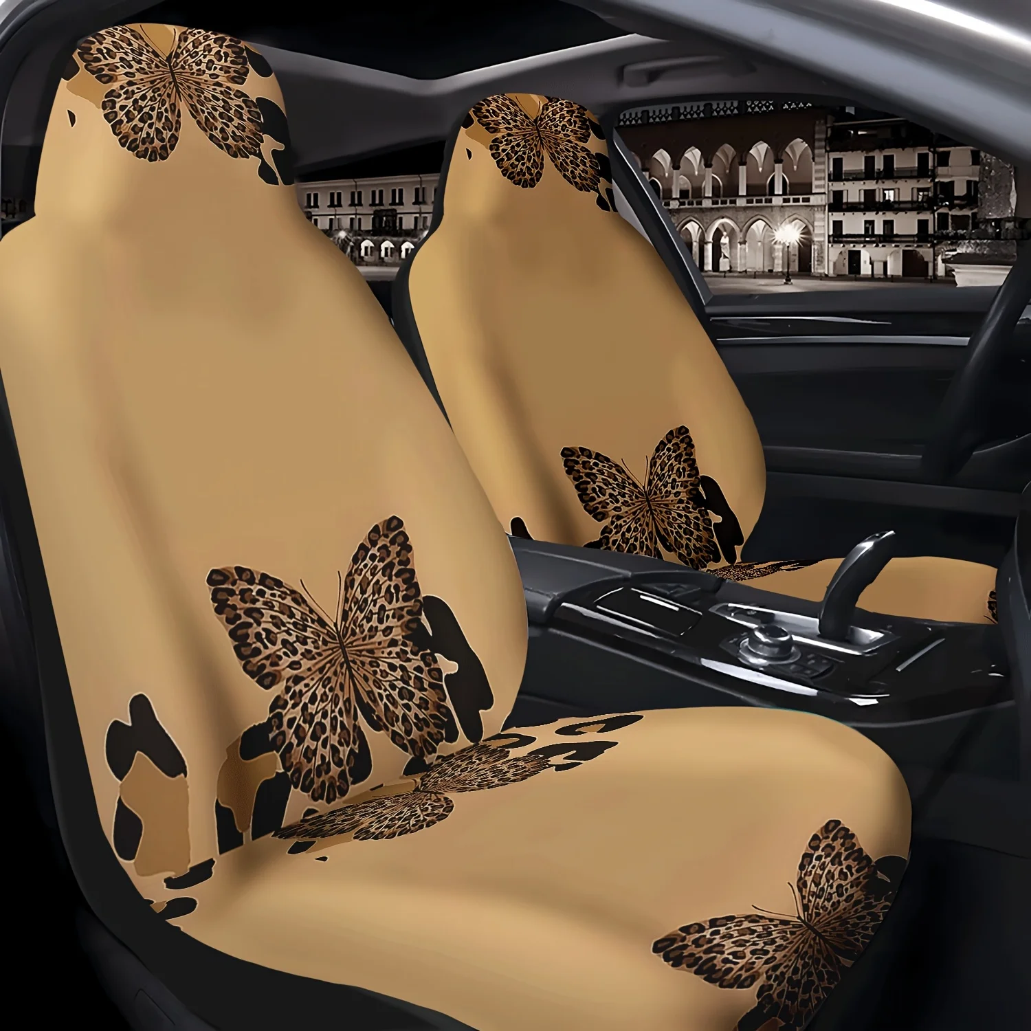 2pcs Car Front Seat Covers With Leopard Print Butterfly Pattern, Durable Front Seat Protectors For Sedan, SUV, And Truck, Unisex