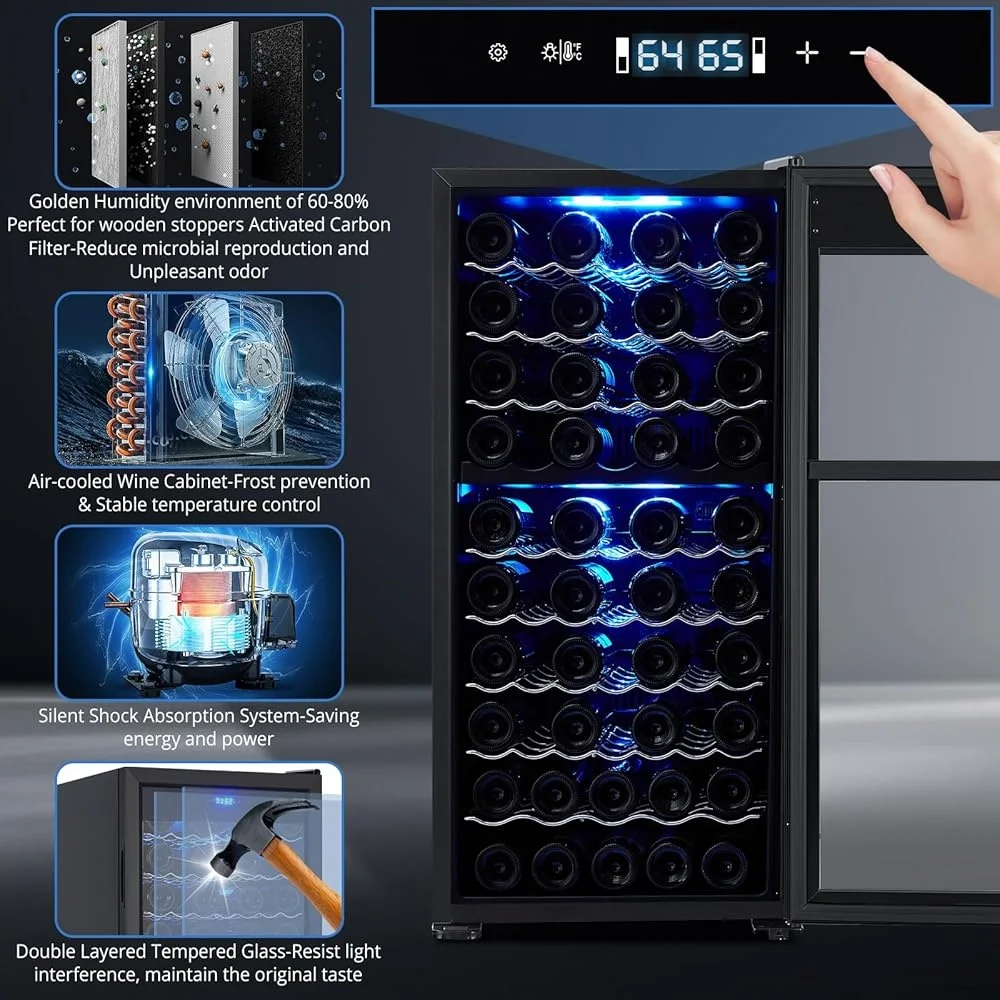 مبرد النبيذ ثنائي المنطقة 66 زجاجة ضاغط قائم بذاته التحكم الرقمي في درجة الحرارة شاشة تعمل باللمس شاشة LED تبريد هادئ
