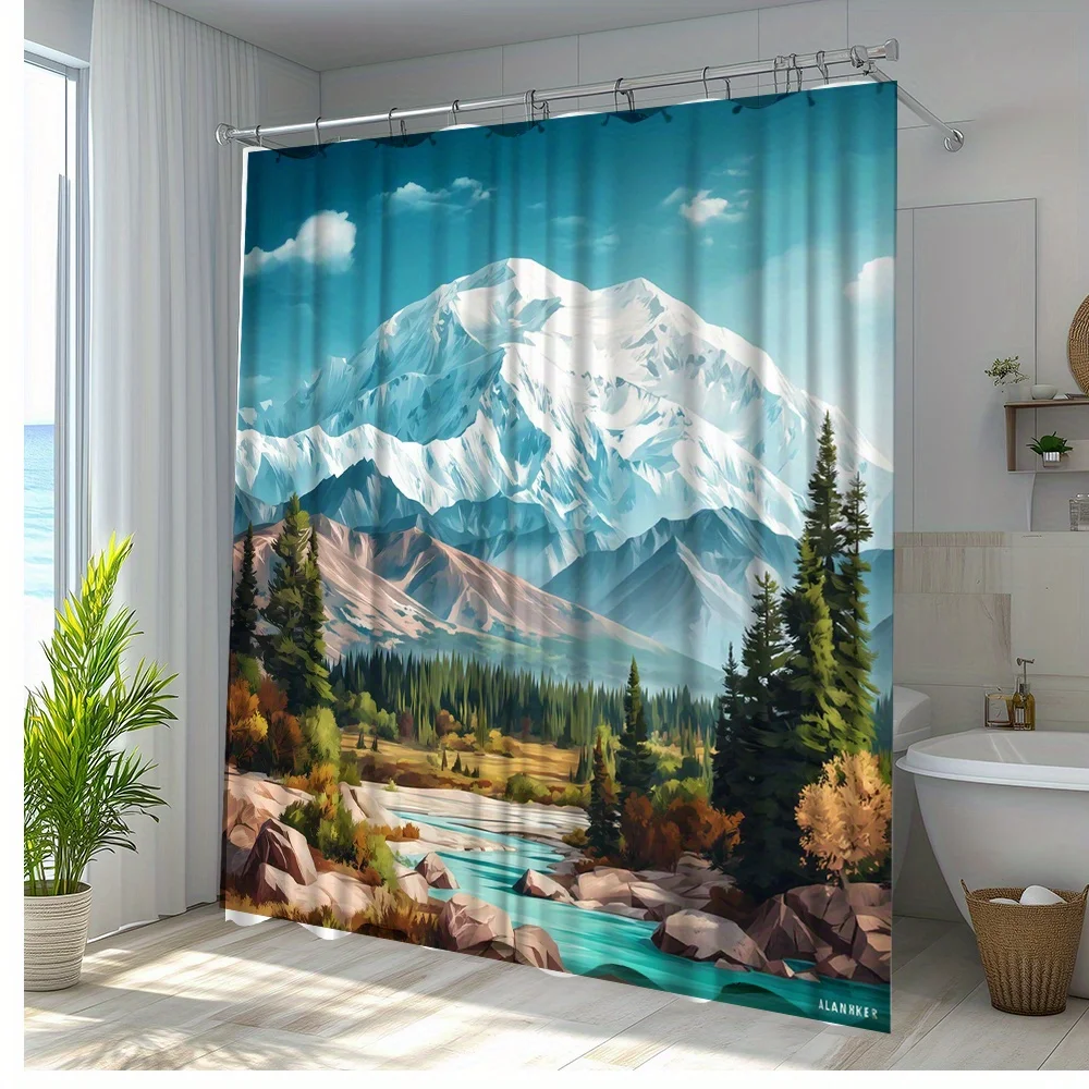 1pc Scenic Mountains Landscape Shower Curtain Featuring Stunning Nature Views for A Relaxing Atmosphere, Bathroom Decor Polyeste
