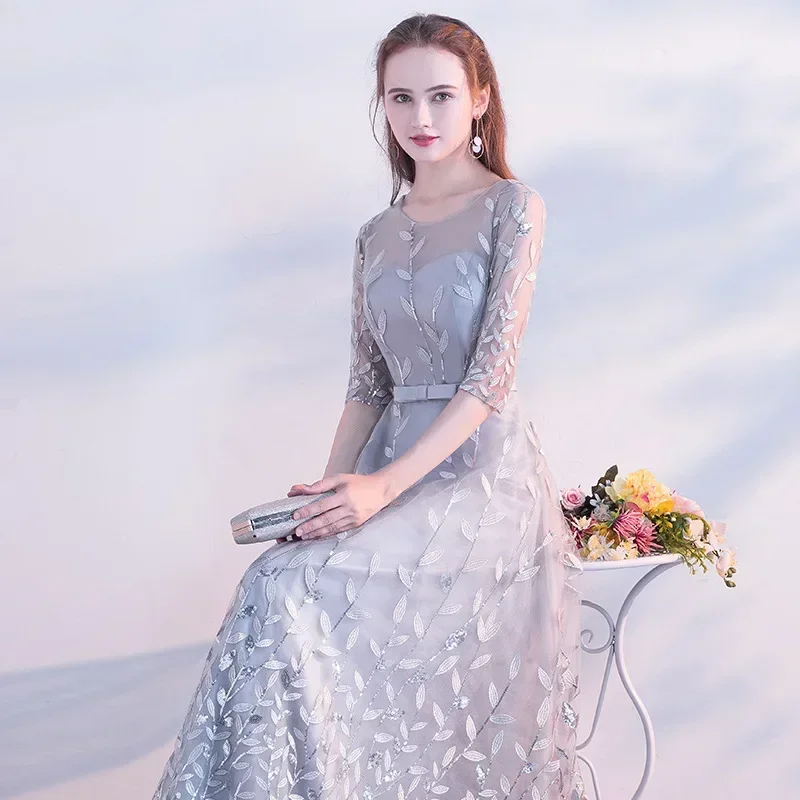 It\'s Yiiya Customized Evening Dress Gray Sequins O-Neck Half Sleeves Floor Length A-line Plus size Woman Formal Women Party Gown