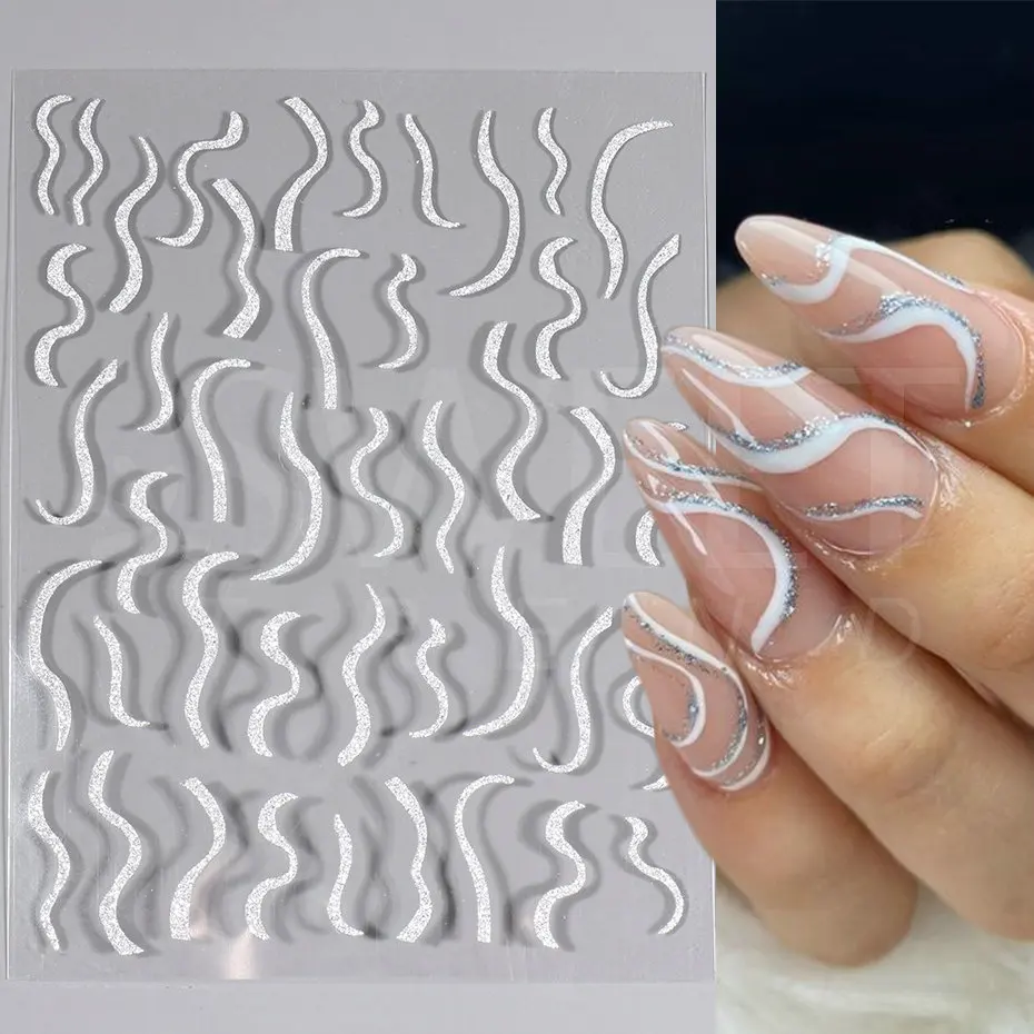 Reflektierende silberne Glitzer aufkleber 3d Nail Art Aufkleber holo graphische Strudel Streifen Linien Französisch Design Maniküre Dekoration BEH-232