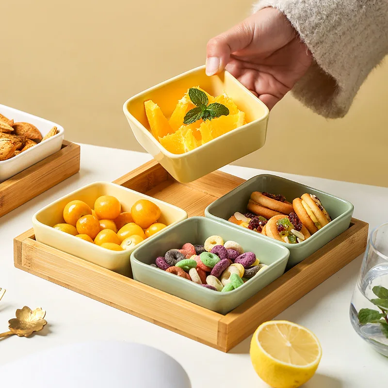 Japanese Cream Style Tableware Set Solid Color Square Sauce Dishes Snack Hot Pot Sushi Dip Fruit Versatile Bowl + Wooden Tray