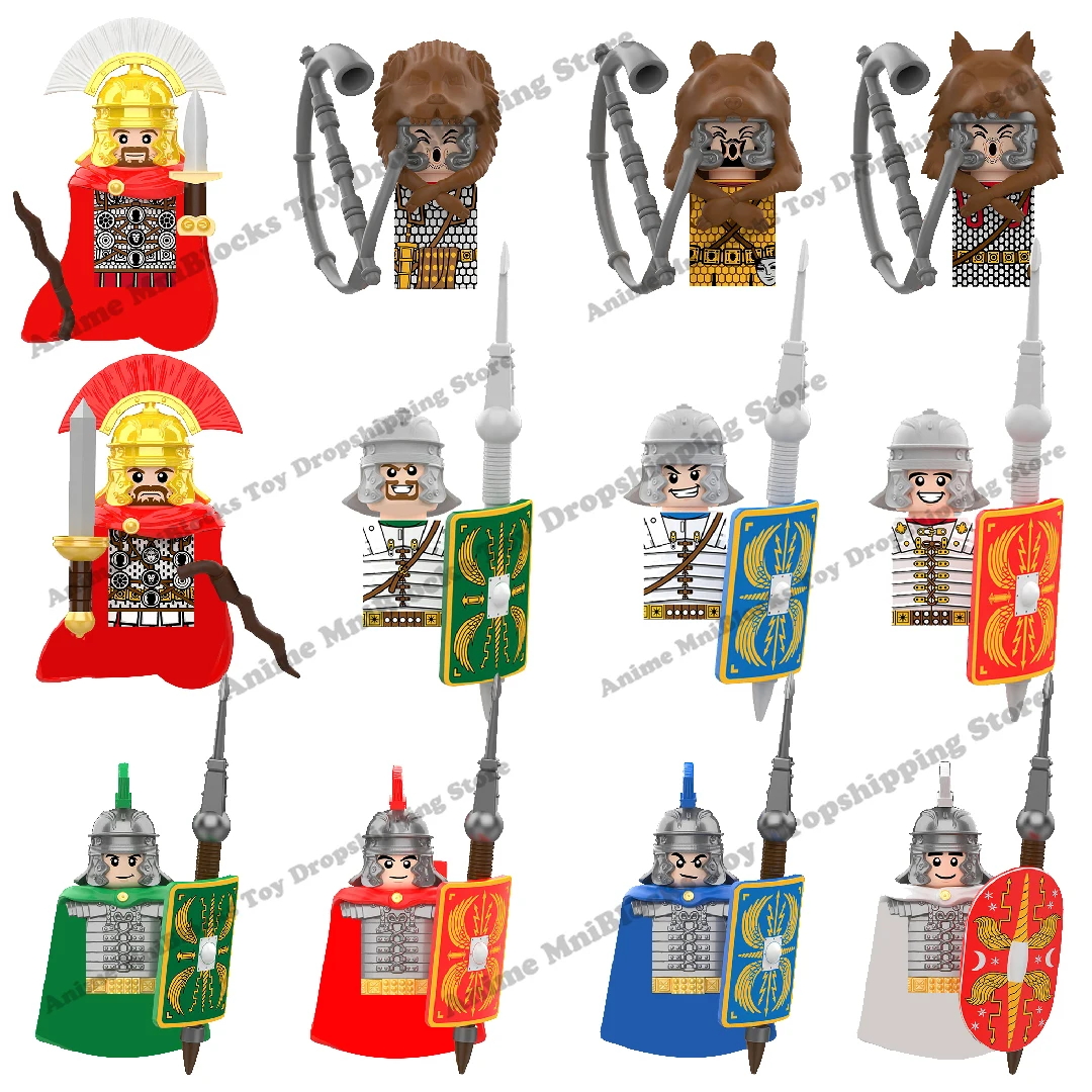 Medieval Castle Roman Soldiers Bricks Dolls Lion Bear Wolf Head Trumper Weapons Shield Building Blocks Mini Action Toy Figura