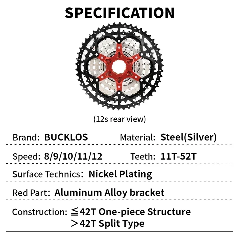 BUCKLOS MTB Cassette 8/9/10/11/12 Speed Road Bicycle Freewheel 11-52T SILVER Mountain Bike Chains for SHIMANO 8v 9v 10v 11v 12v