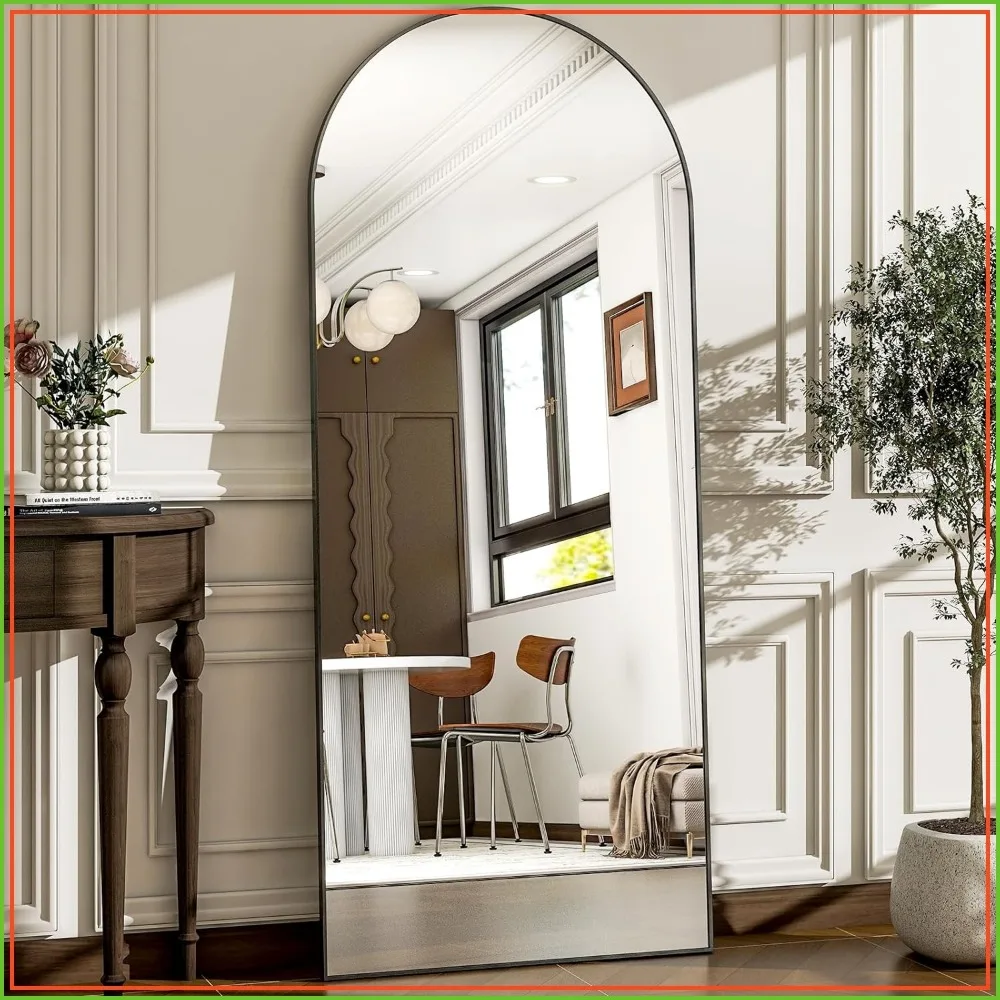 

57"x20" Arched Full Length Mirror, Aluminum Alloy Frame, Wall Mounted or Floor Standing, Black
