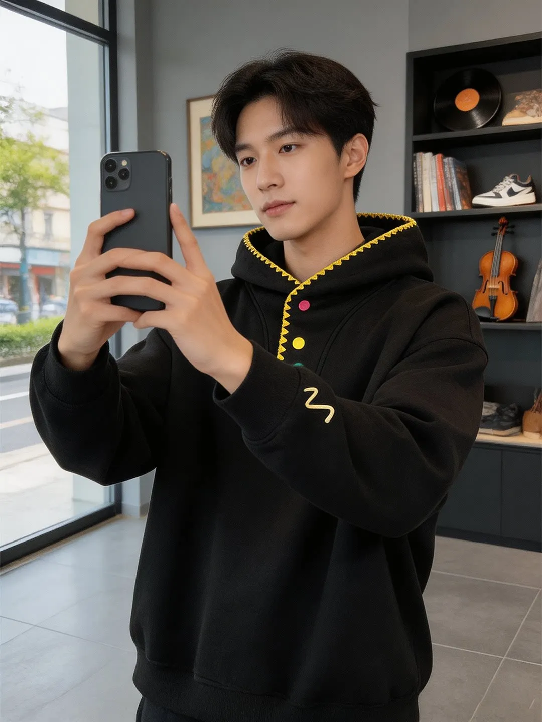 Hand-Stitched Embroidered Color-Block Hoodie Sweatshirt for Couples Autumn Heavyweight Button-Up Hard-Wearing Youth Fashion