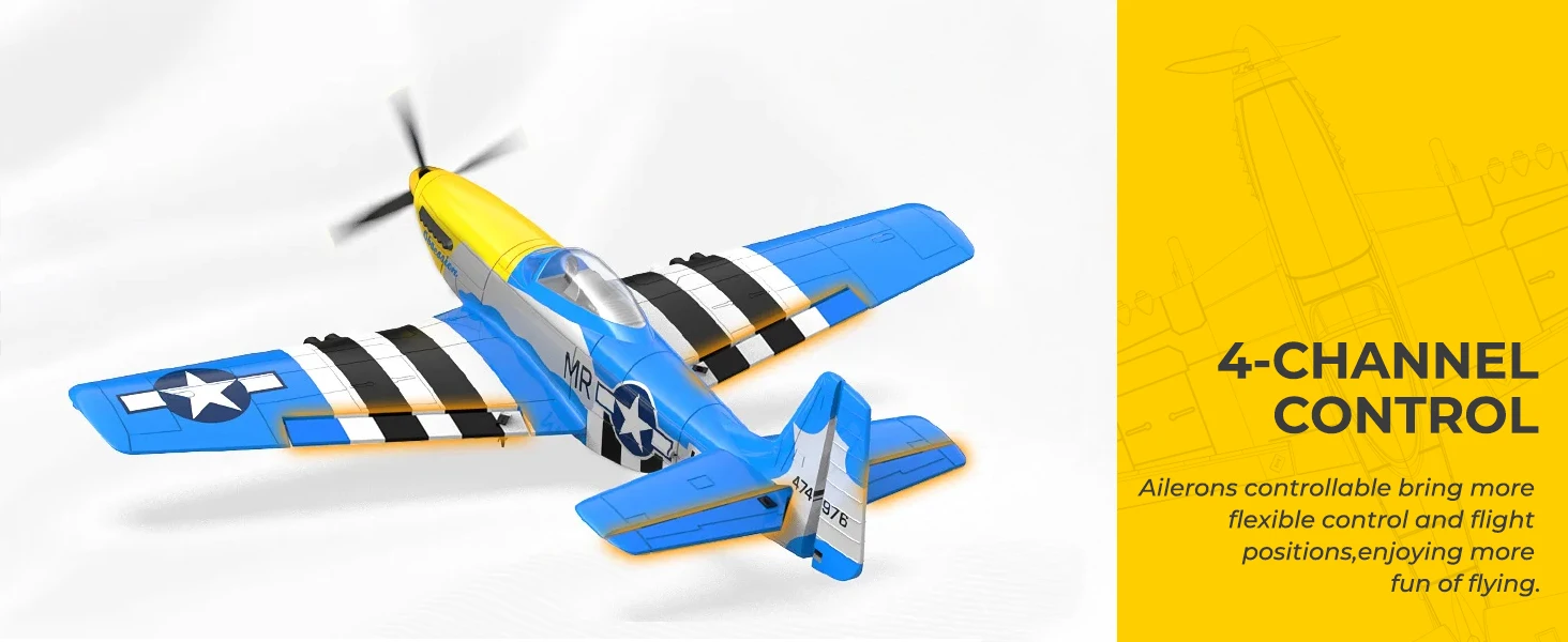 Volantexrc 4-CH P-51D Mustang RC Plane, One-Key Aerobatic, 6-Axis Gyro, 30 Min Flight, Beginner to Pro, Ideal Outdoor Gift.