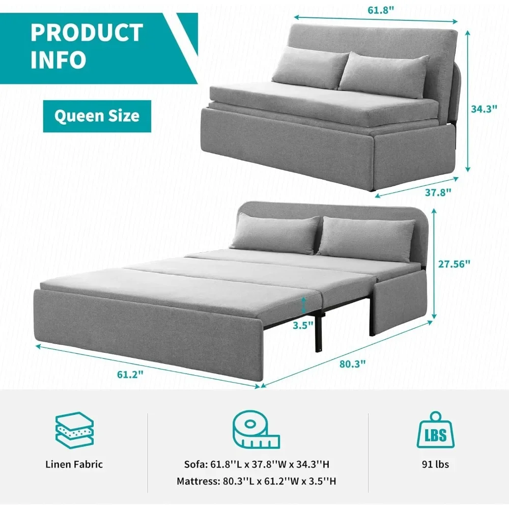 Convertible Sofa Bed Couch Folding Sleeper, Futon Sofabeds for Living Room/Apartment/Loft, 2 Pilliows & Matress, Hotel Sofas