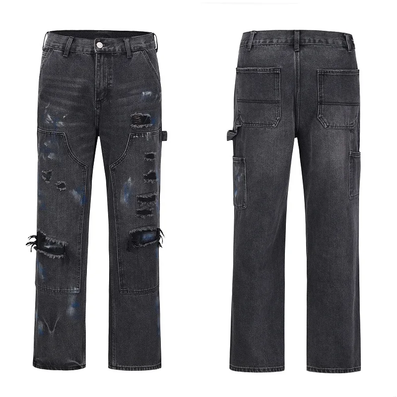 

Trendy Heavy Duty Washed Distressed Splicing Hole Straight Leg High Street Vibe Men's Jeans Versatile Long Pants