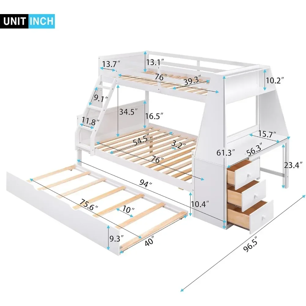 Bunk Beds with Trundle and Desk with Three Storage Drawers and One Shelf for Kids Boys Girls Teens, Wood Bunk Bed Frame