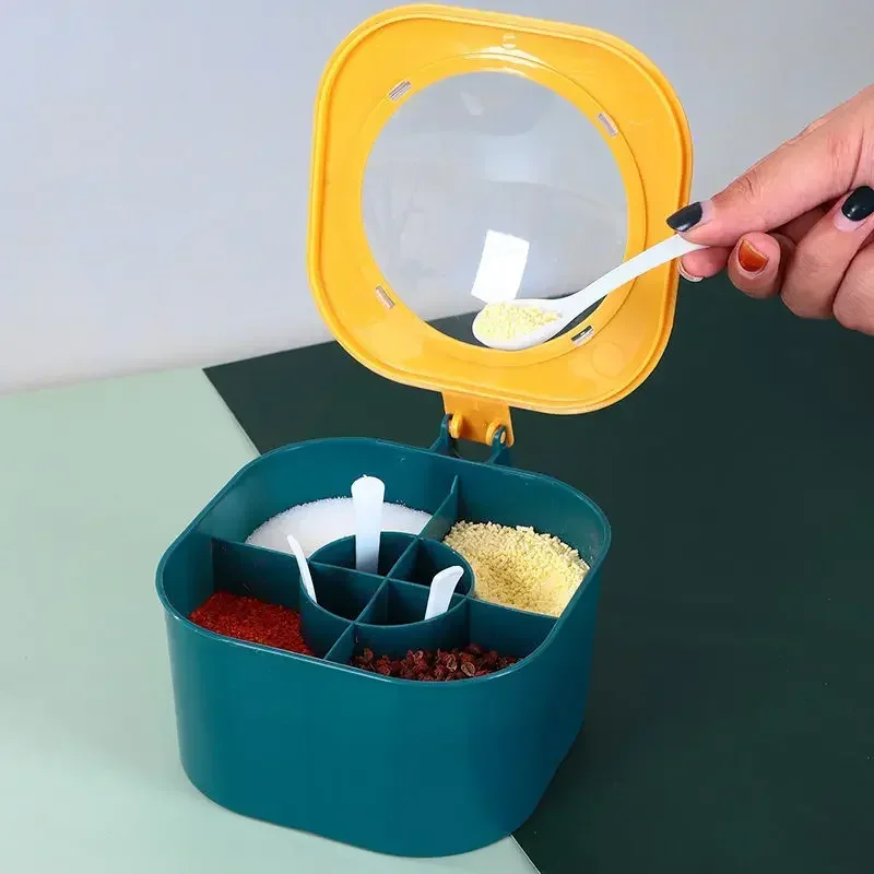 Plastic Seasoning Box with Spoons Spice Jar Multi Compartment Herb Spice Jars Pots Kitchen Condiment Storage Container