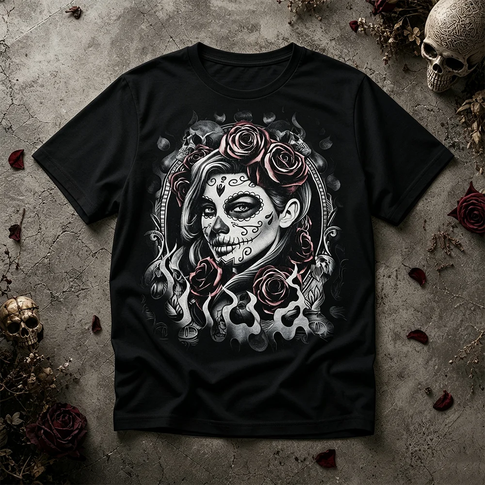 Unisex Chicano Sugar Skull Short Sleeve O-Neck Tee Breathable Parent-Child Mexican Day of the Dead Gothic Summer Casual Clothing