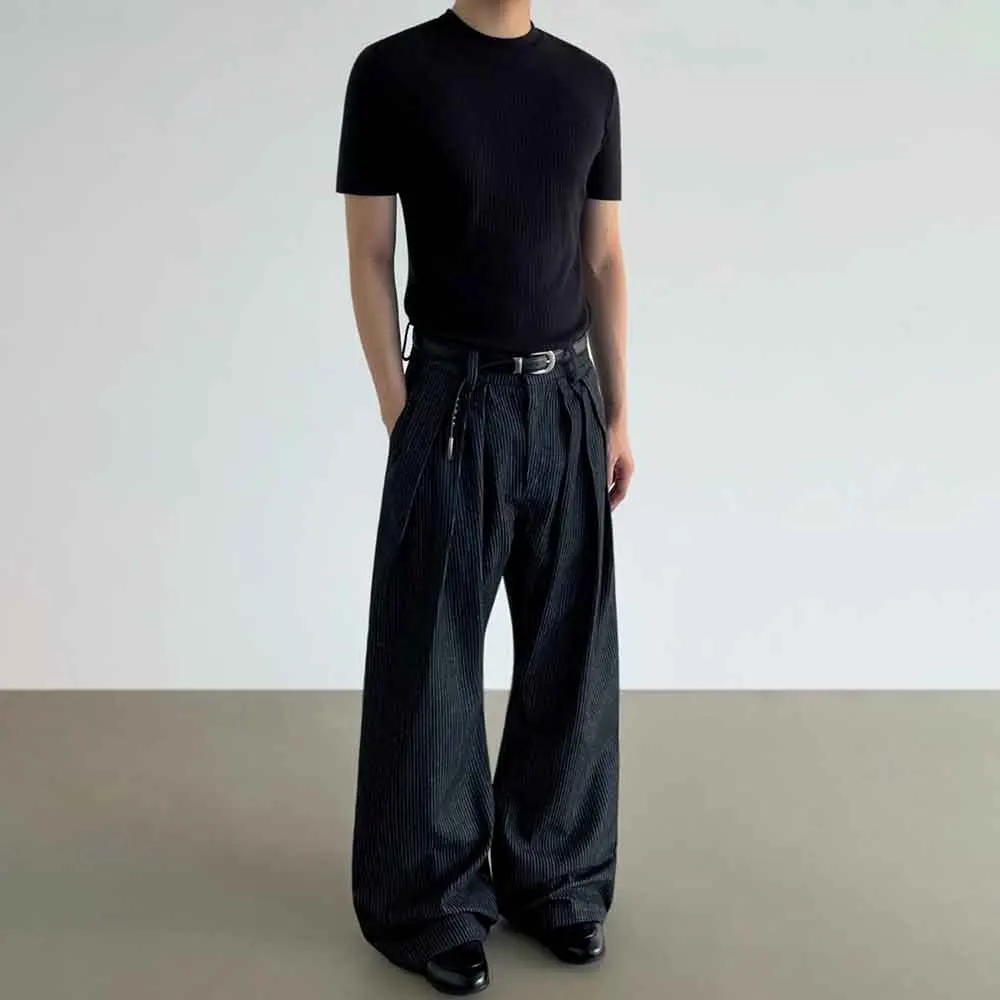 

Мужские осенние джинсы, плиссированные повседневные брюки в полоску, уличная одежда, универсальные широкие брюки в стиле ретро, мужская одежда, новинка 2023 года